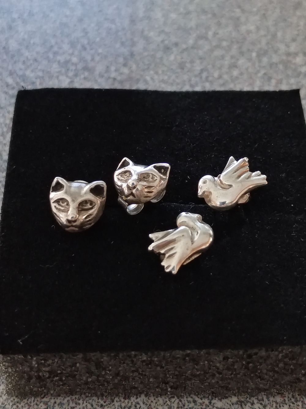 Vtg 2 pair Cat and Bird *925 Sterling Silver Stud Earrings V. Good Cond! Value+!
